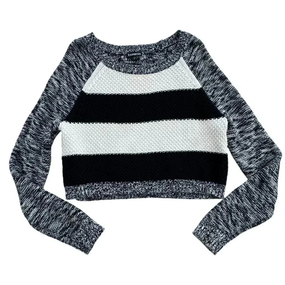 Express Cropped Striped Black and White Melange Sweater Small Long Sleeves